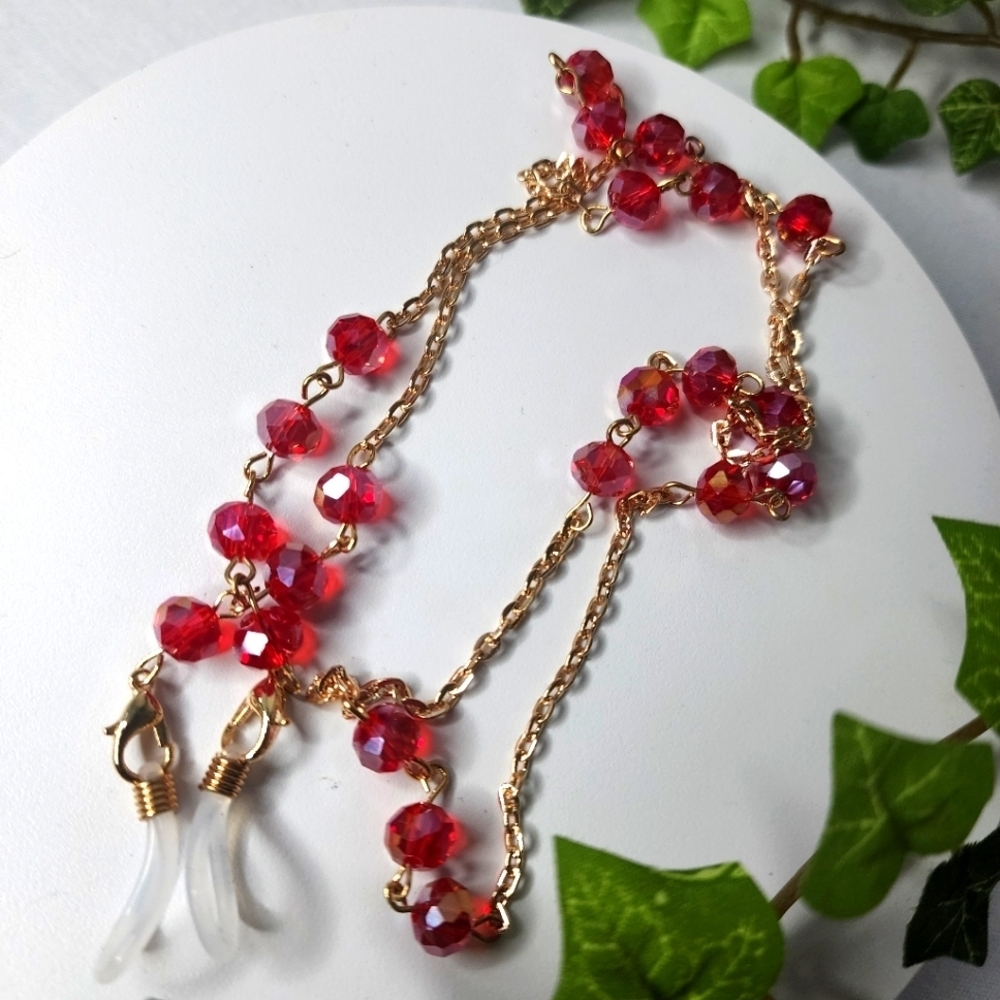 Gold with Red AB Crystal Bead Multi Use Chain Mask Eyeglass or ID Holder New